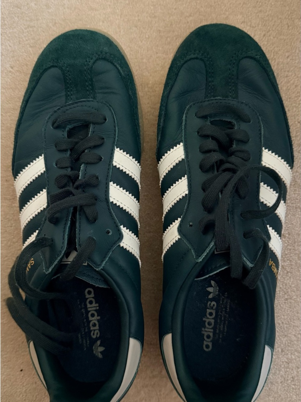Adidas Sambas Dark Green Leather Womens Sneakers with White Stripes